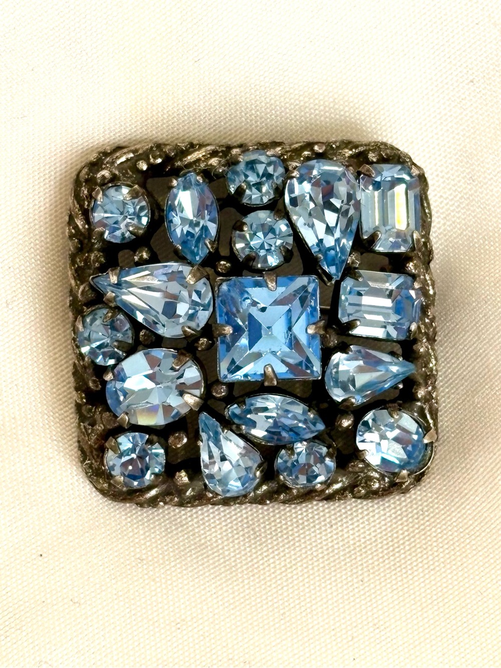 Vintage Kramer NY Ice Blue Rhinestone Brooch Mixed Cuts Signed 1” Square